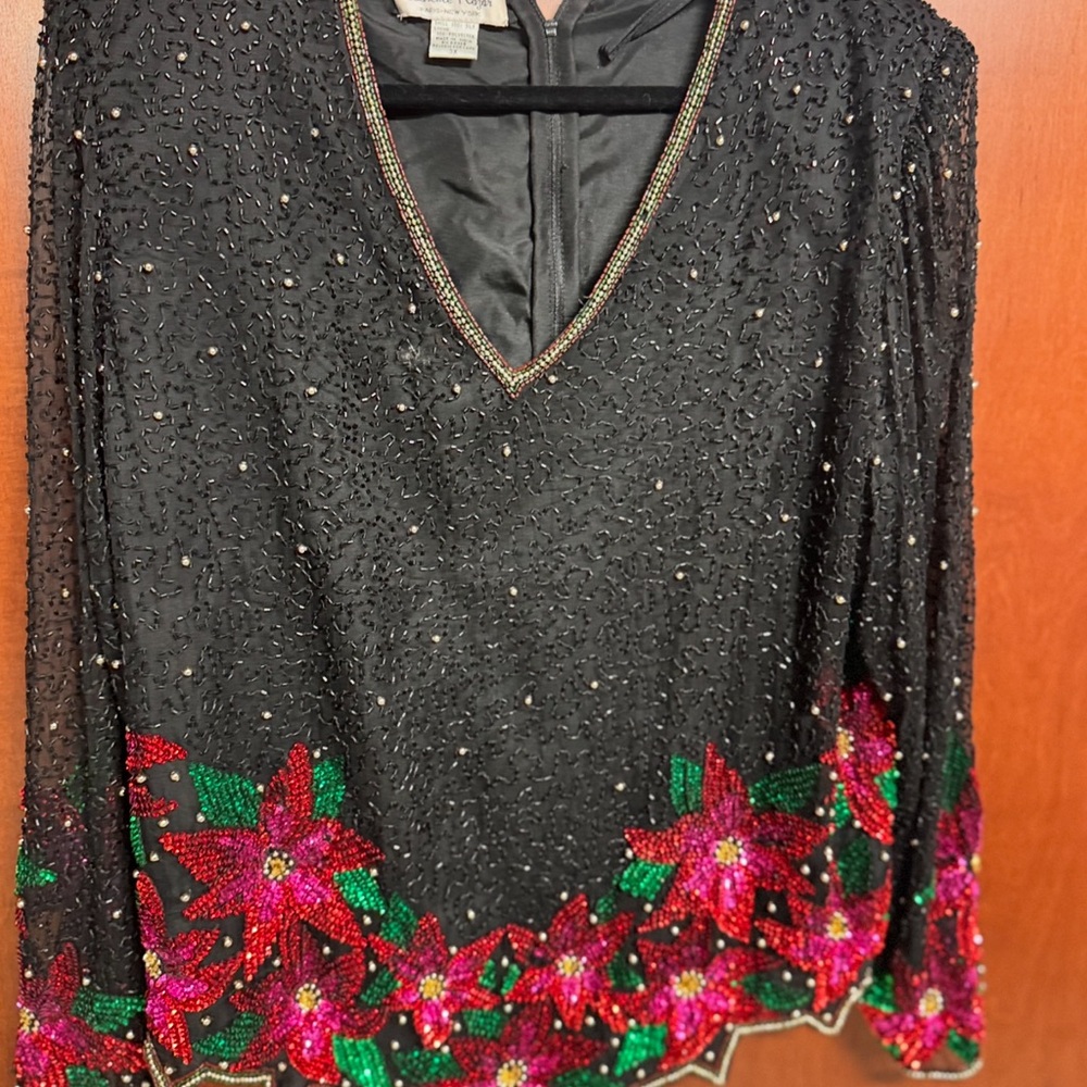 Embellished Black Top with Floral Accents